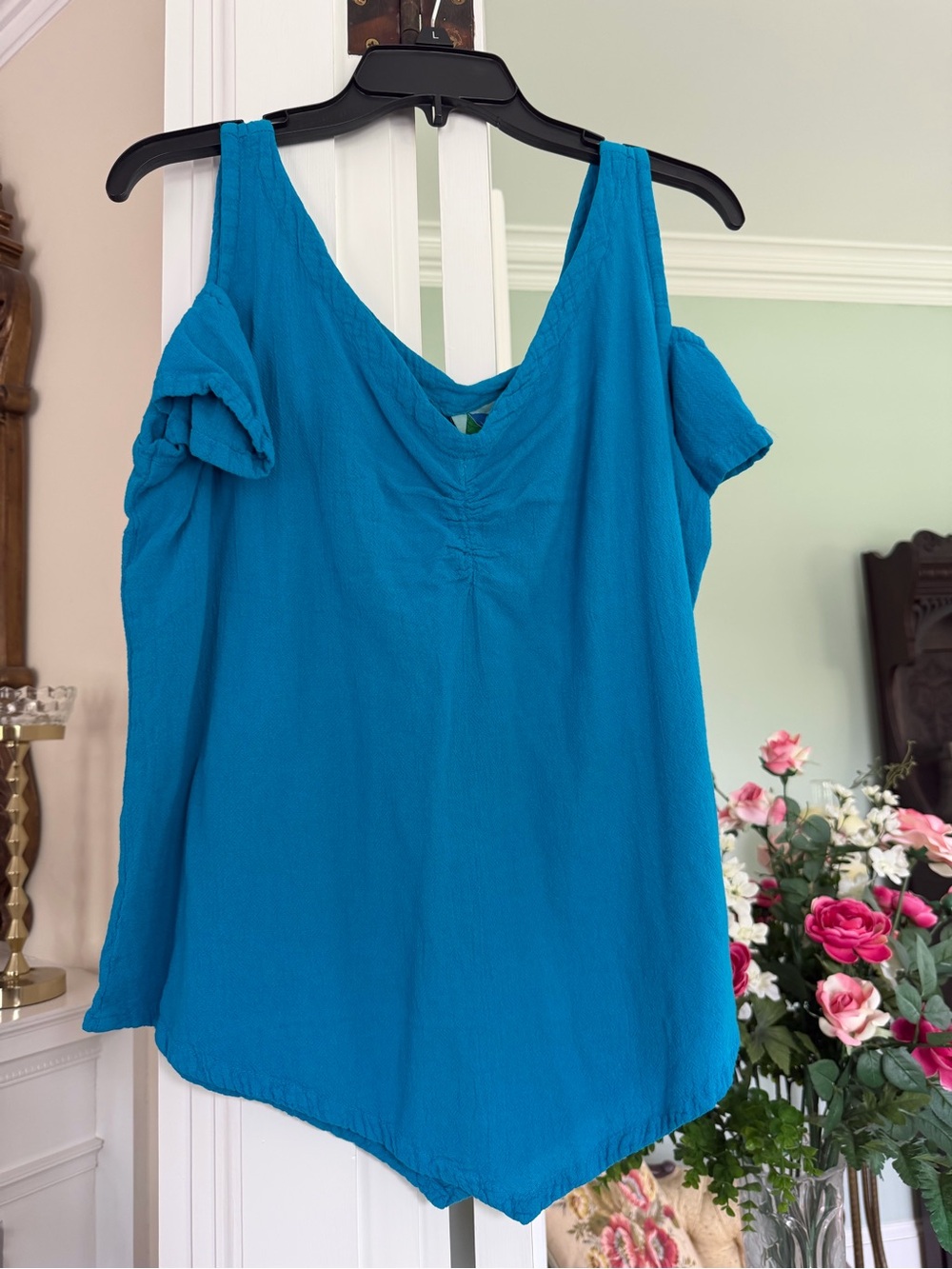 Blue Cold-Shoulder V-Neck Women's Gauze Top by Water Sisters